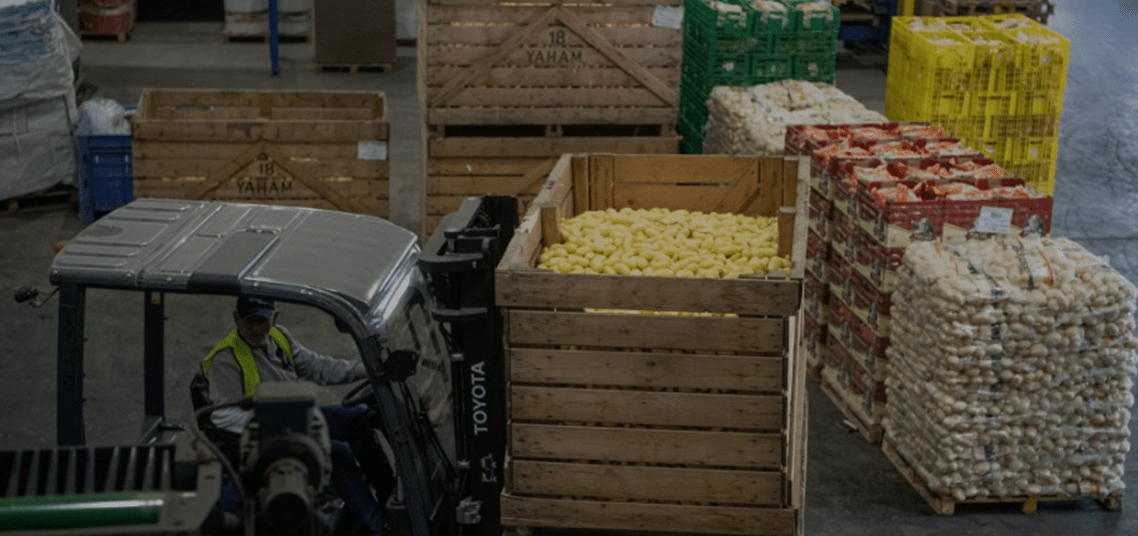 A forklift picks up potatoes in a factory of negev produce